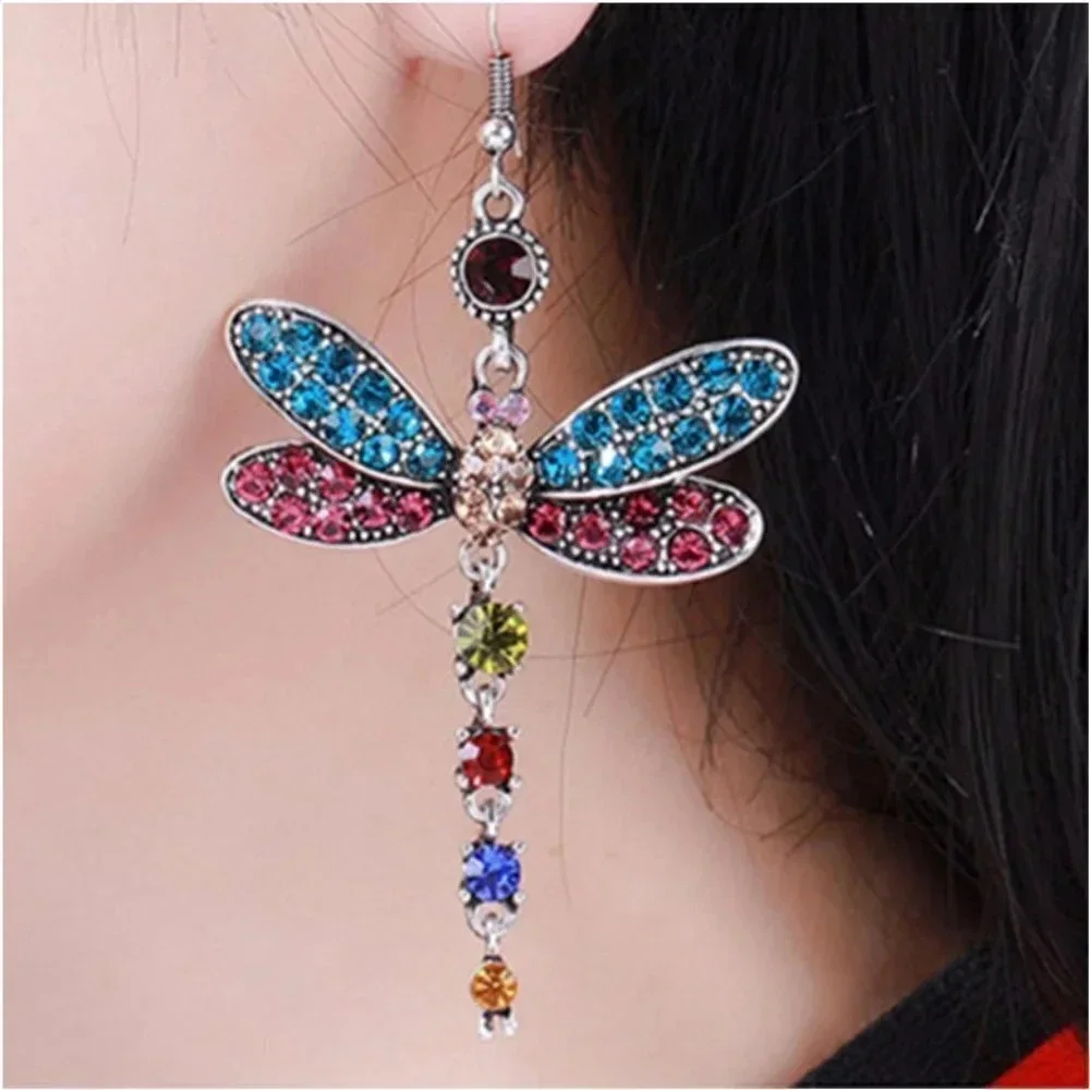 Multi Color Dragonfly Crystal Rhinestone Silver Plated Hook Earrings, V…